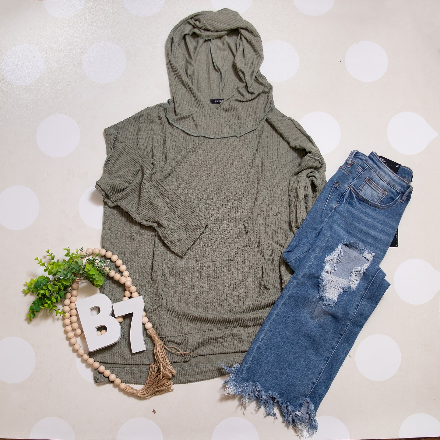 Olive Green Stay Cozy Soft Textured Hoodie by Stylive Laid Flat with Casual Denim Styling