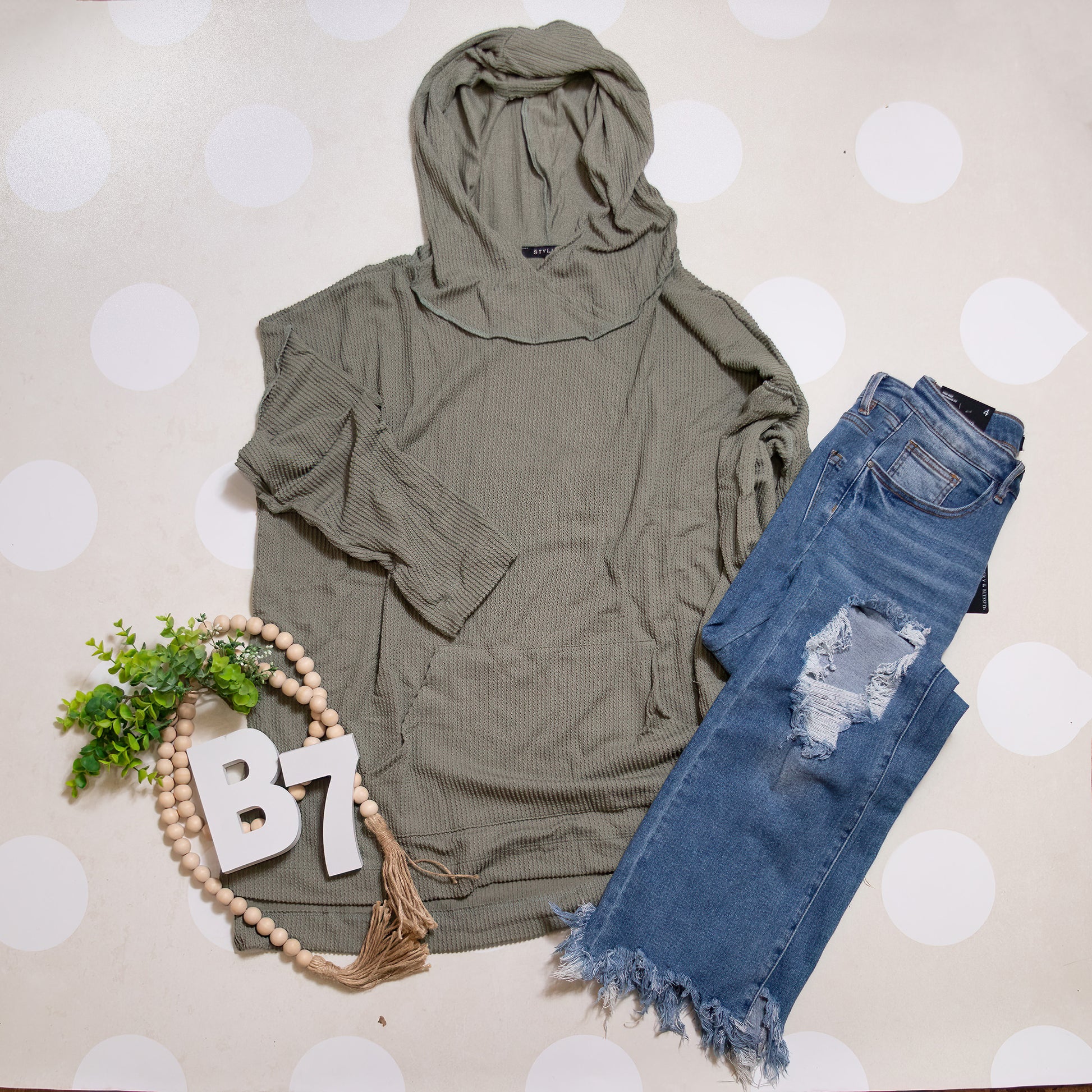Olive Green Stay Cozy Soft Textured Hoodie by Stylive Laid Flat with Casual Denim Styling