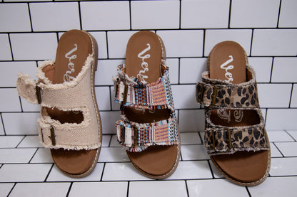 Very G slip-on sandal with frayed fabric and buckle detail