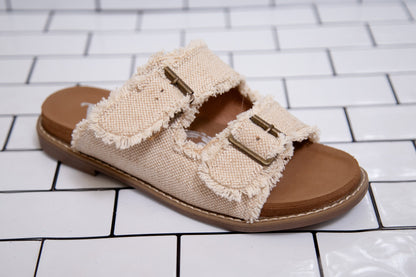 Very G Slip-On Sandal for Women – Buckle Detail, Frayed Fabric, Soft Footbed (Cream, Multi, Leopard)