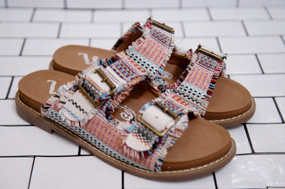 Very G Slip-On Sandal for Women – Buckle Detail, Frayed Fabric, Soft Footbed (Cream, Multi, Leopard)