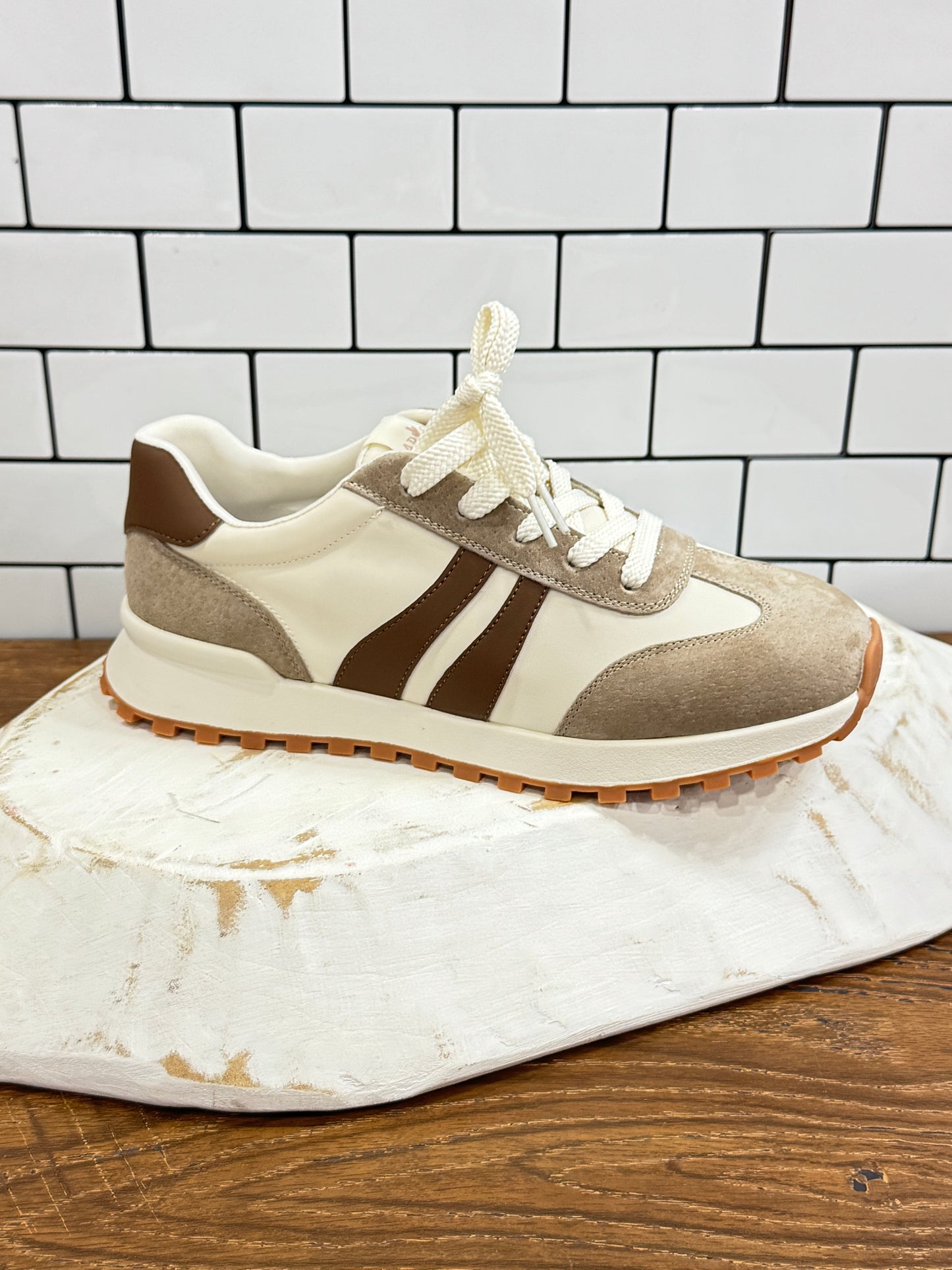 Retro Neutral Stripe Sneakers – Cream & Taupe Lace-Up Style