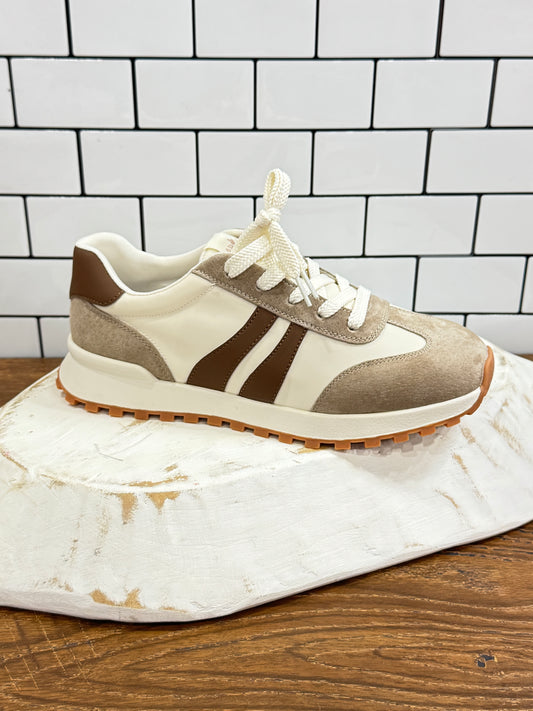Retro Neutral Stripe Sneakers – Cream & Taupe Lace-Up Style