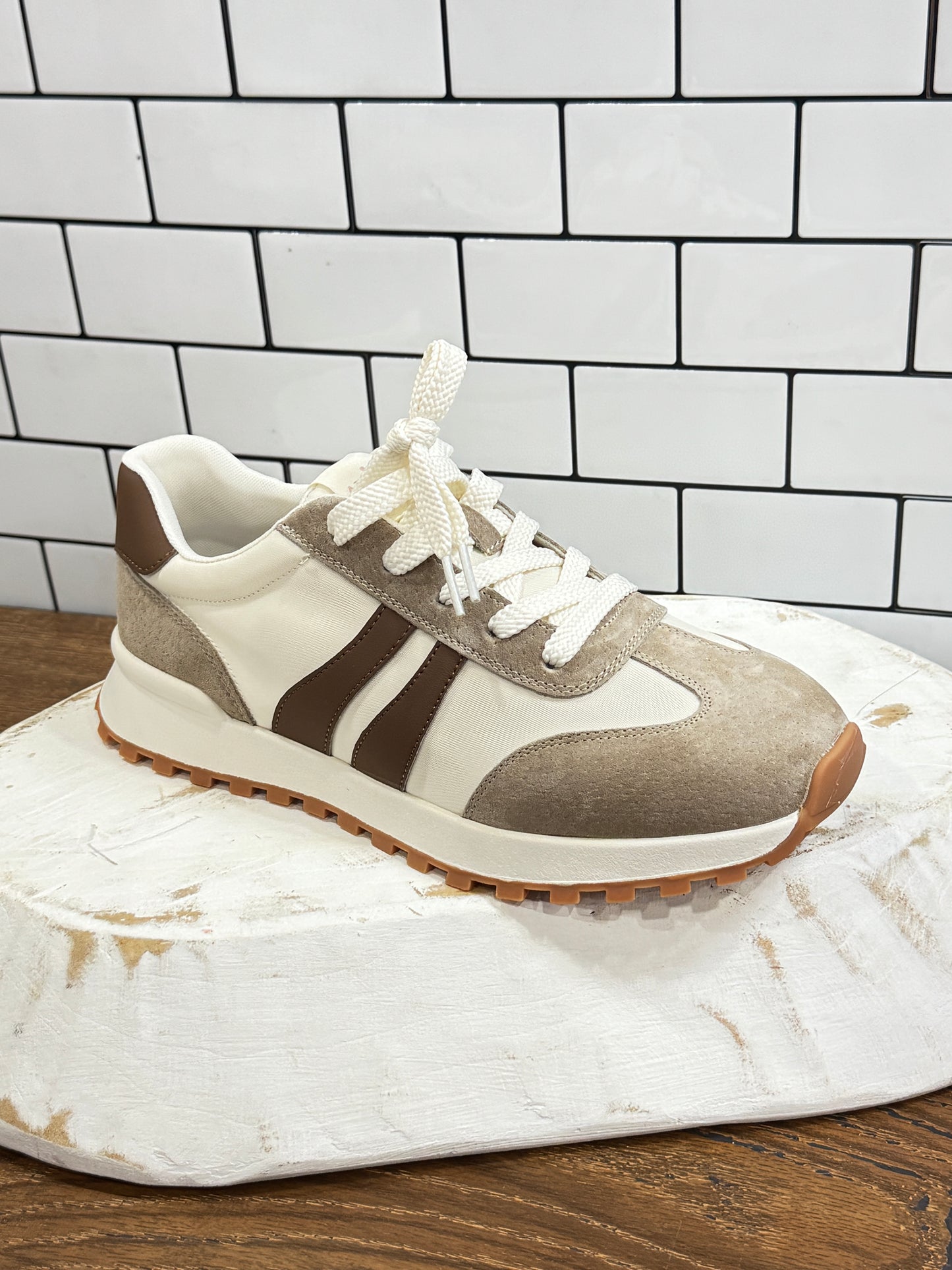 Cream and taupe retro sneakers with suede and stripe detail