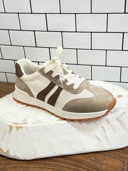 Cream and taupe retro sneakers with suede and stripe detail