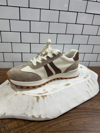 Cream and taupe retro sneakers with suede and stripe detail