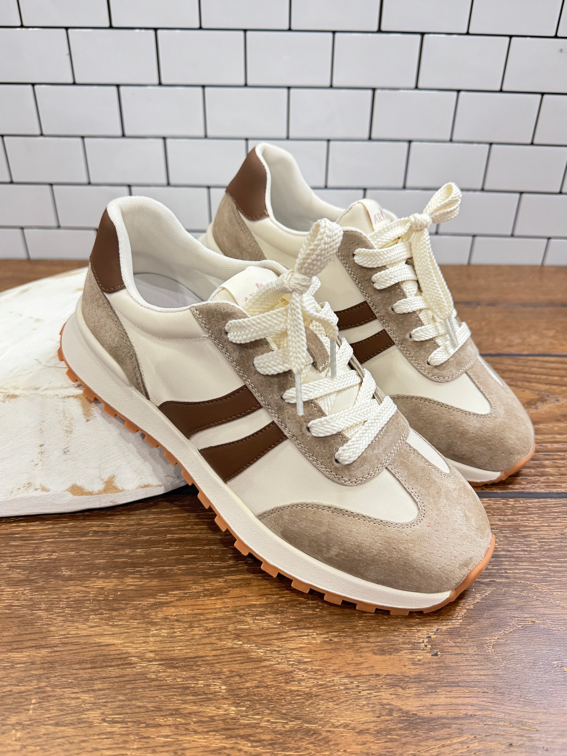 Cream and taupe retro sneakers with suede and stripe detail