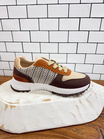 Tan and brown retro patchwork sneakers with houndstooth detail
