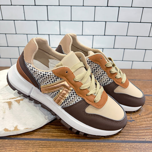 Retro Patchwork Sneakers – Tan, Chocolate & Houndstooth Mix