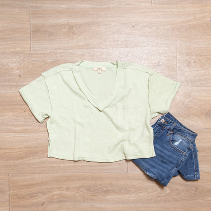 Sage Crush Textured Crop Tee – Soft Knit V Neck Pocket Top