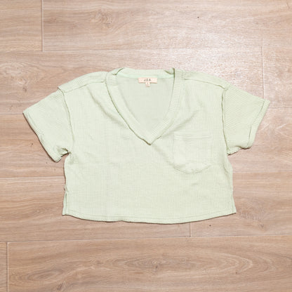 Sage Crush Textured Crop Tee – Soft Knit V Neck Pocket Top