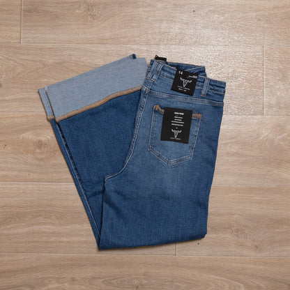 Mid Wash High Rise Stretch Denim Western Buck-Stitch Wide Leg Jeans Plus Size (28in Inseam After Cuff) CODE: JE581-MW-X