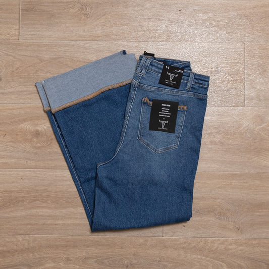 Mid Wash High Rise Stretch Denim Western Buck-Stitch Wide Leg Jeans Plus Size (28in Inseam After Cuff) CODE: JE581-MW-X