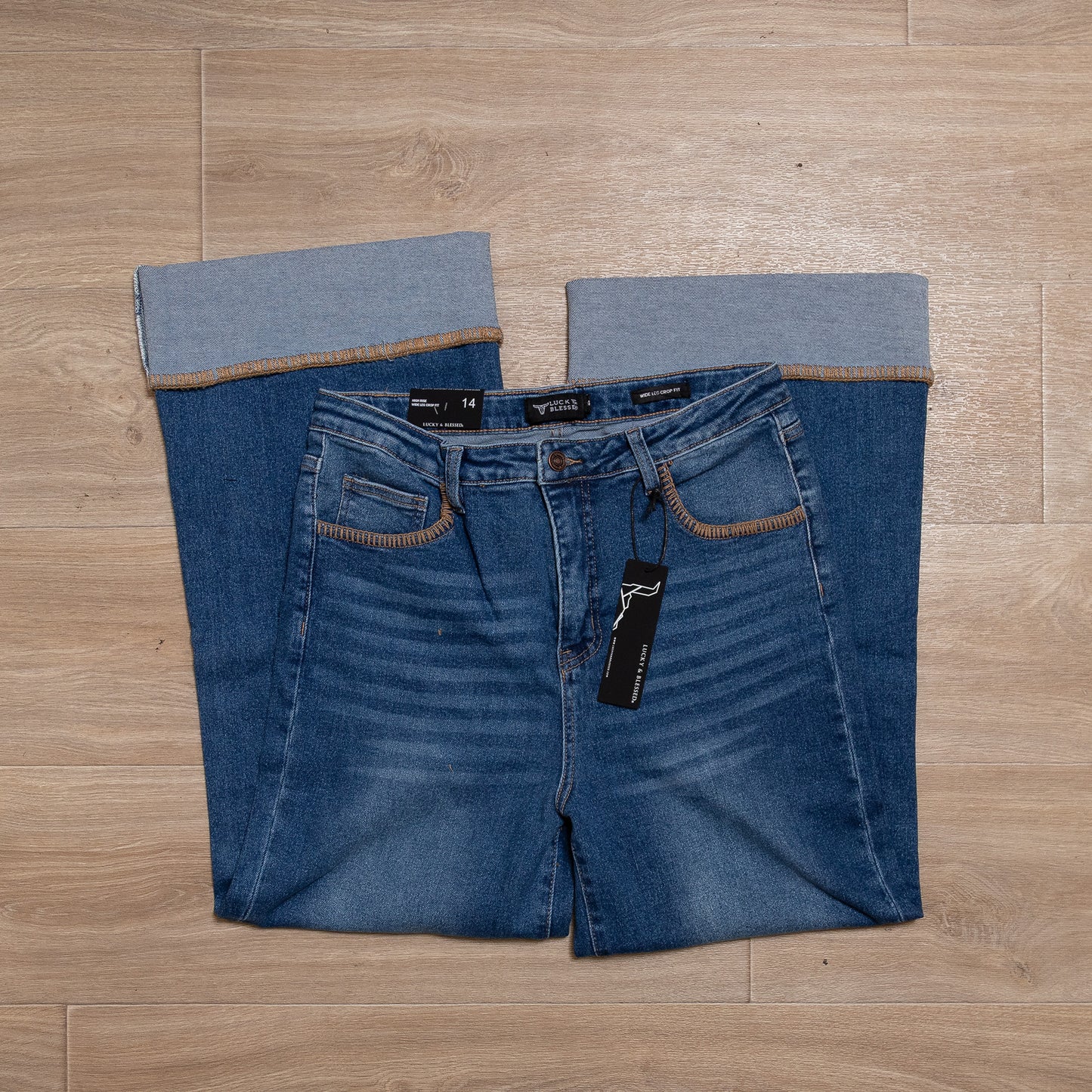 Mid Wash High Rise Stretch Denim Western Buck-Stitch Wide Leg Jeans Plus Size (28in Inseam After Cuff) CODE: JE581-MW-X