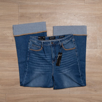 Mid Wash High Rise Stretch Denim Western Buck-Stitch Wide Leg Jeans Plus Size (28in Inseam After Cuff) CODE: JE581-MW-X