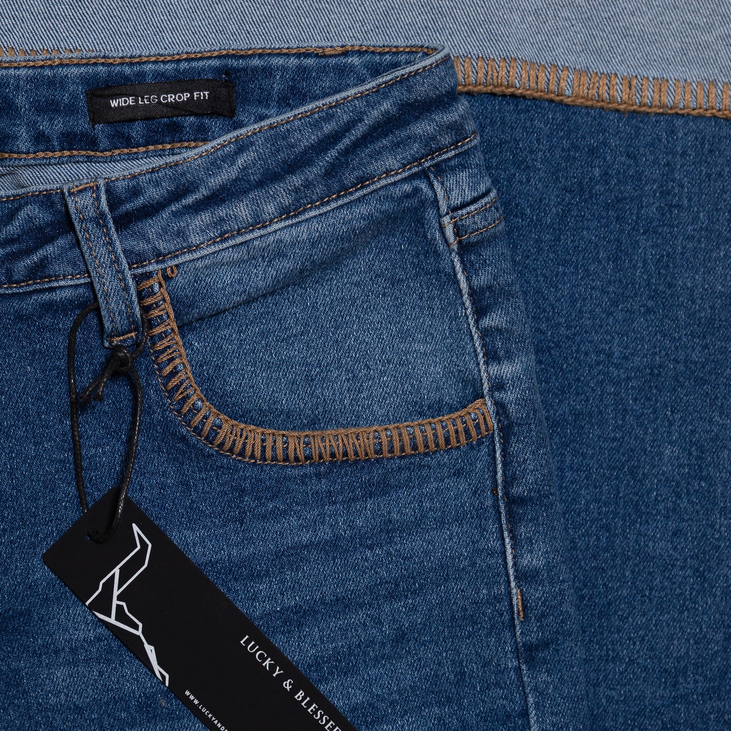 Mid Wash High Rise Stretch Denim Western Buck-Stitch Wide Leg Jeans Plus Size (28in Inseam After Cuff) CODE: JE581-MW-X