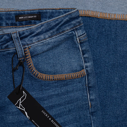 Mid Wash High Rise Stretch Denim Western Buck-Stitch Wide Leg Jeans Plus Size (28in Inseam After Cuff) CODE: JE581-MW-X