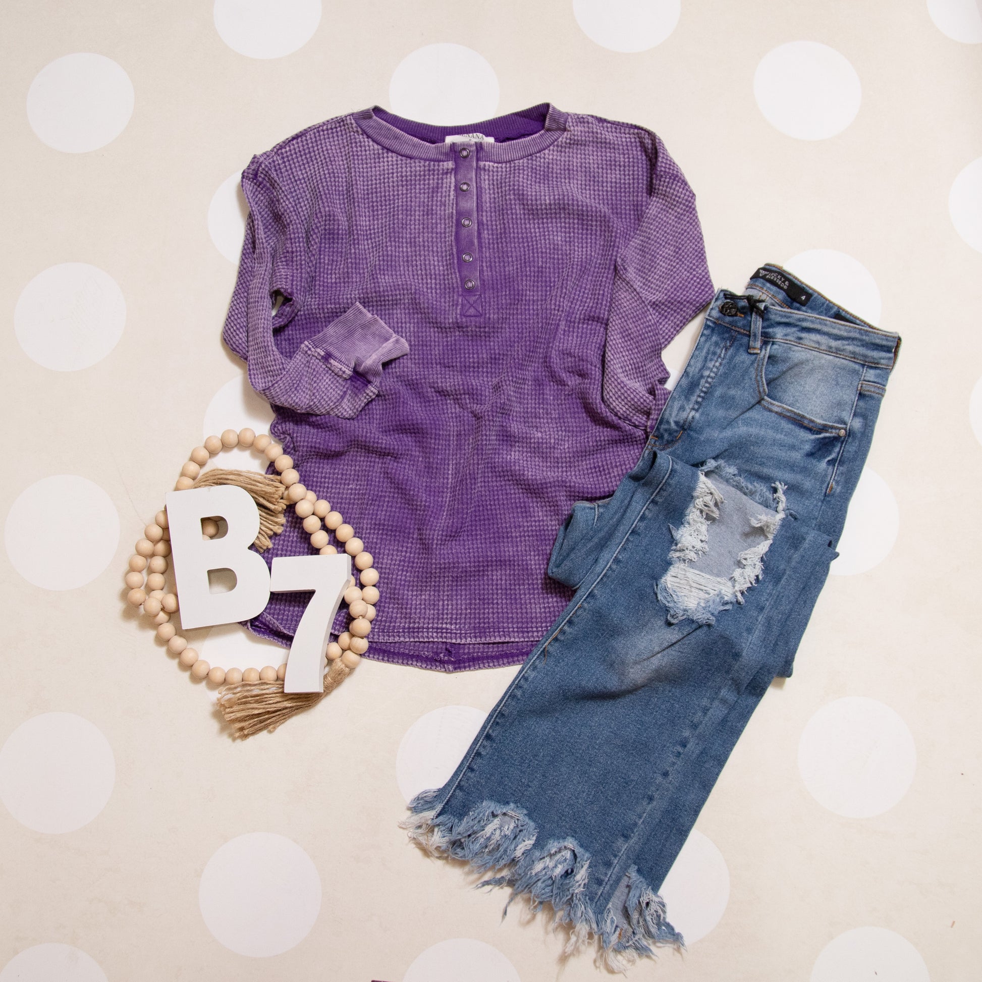 Zenana washed baby waffle Henley top in mocha, teal, and hot pink
