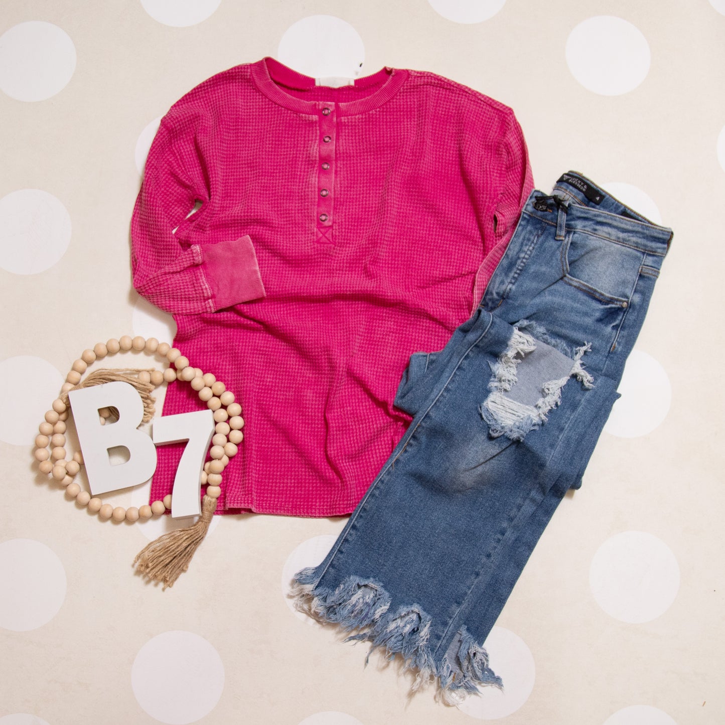 Zenana Washed Baby Waffle Henley Top – Long Sleeve in Mocha, Teal & Hot Pink