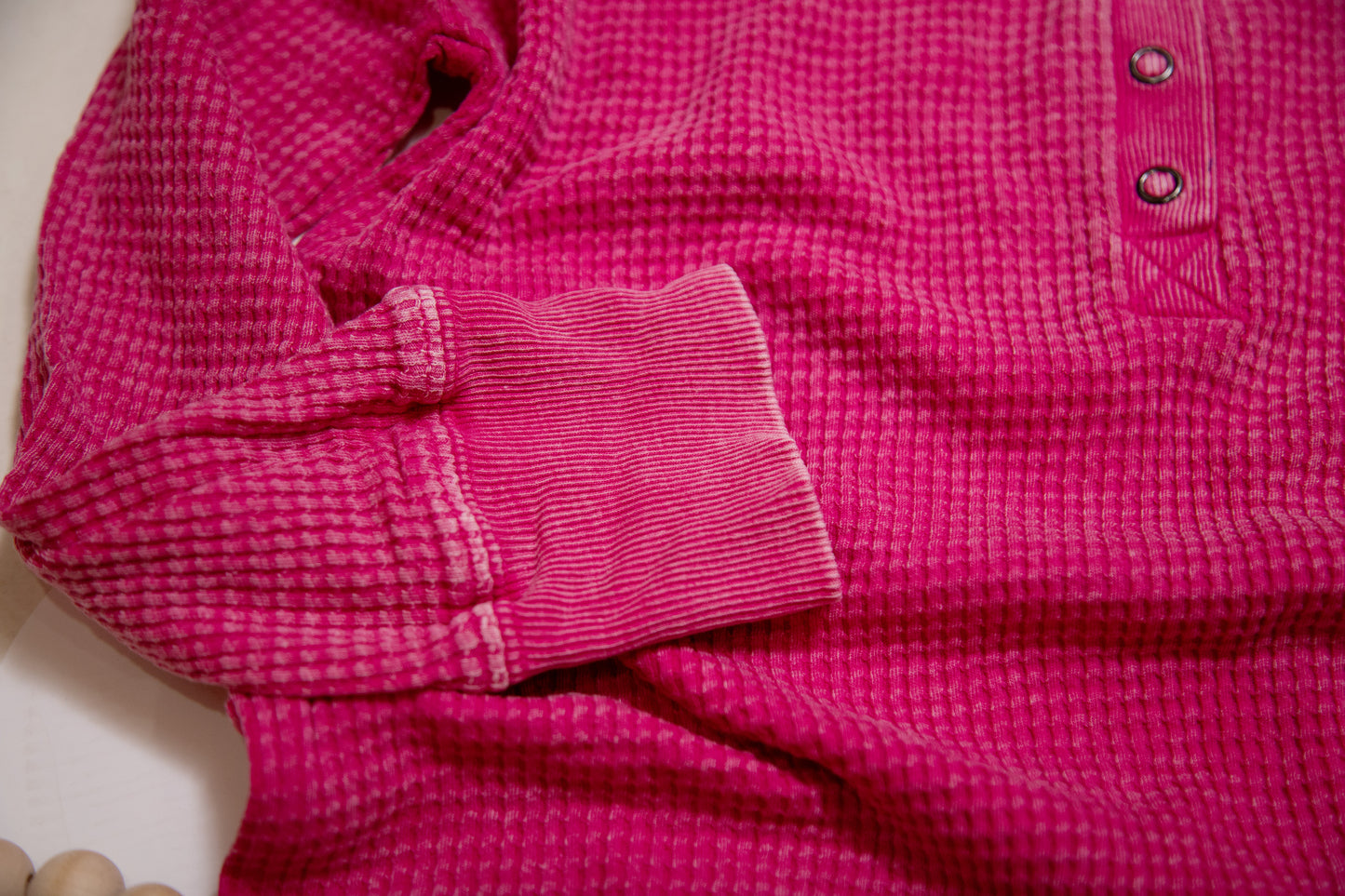 Zenana Washed Baby Waffle Henley Top – Long Sleeve in Mocha, Teal & Hot Pink