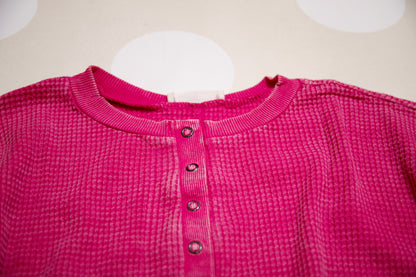 Zenana Washed Baby Waffle Henley Top – Long Sleeve in Mocha, Teal & Hot Pink