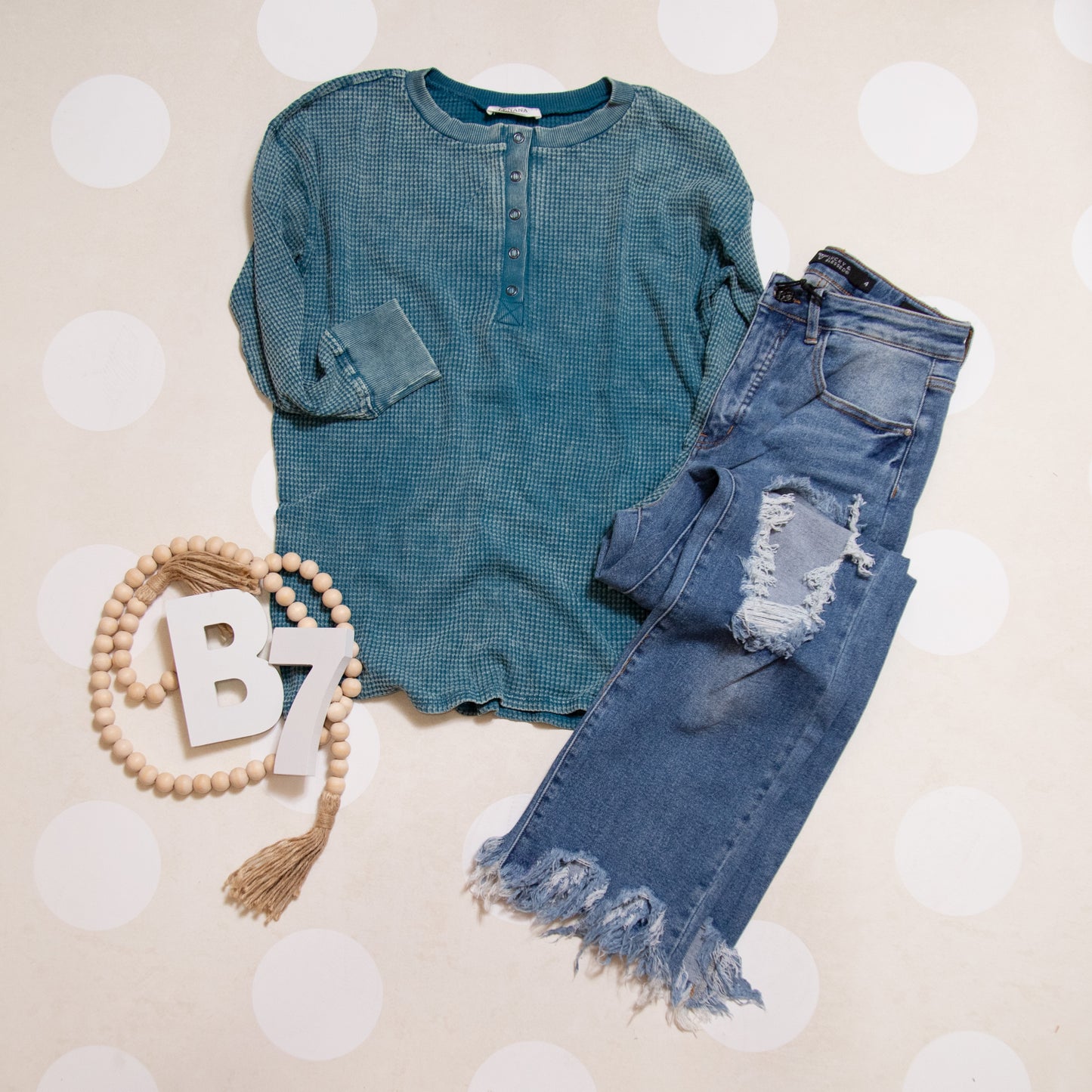 Zenana Washed Baby Waffle Henley Top – Long Sleeve in Mocha, Teal & Hot Pink