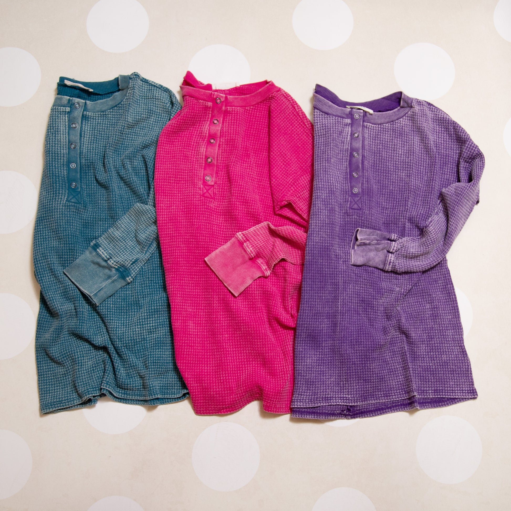 Zenana washed baby waffle Henley top in mocha, teal, and hot pink