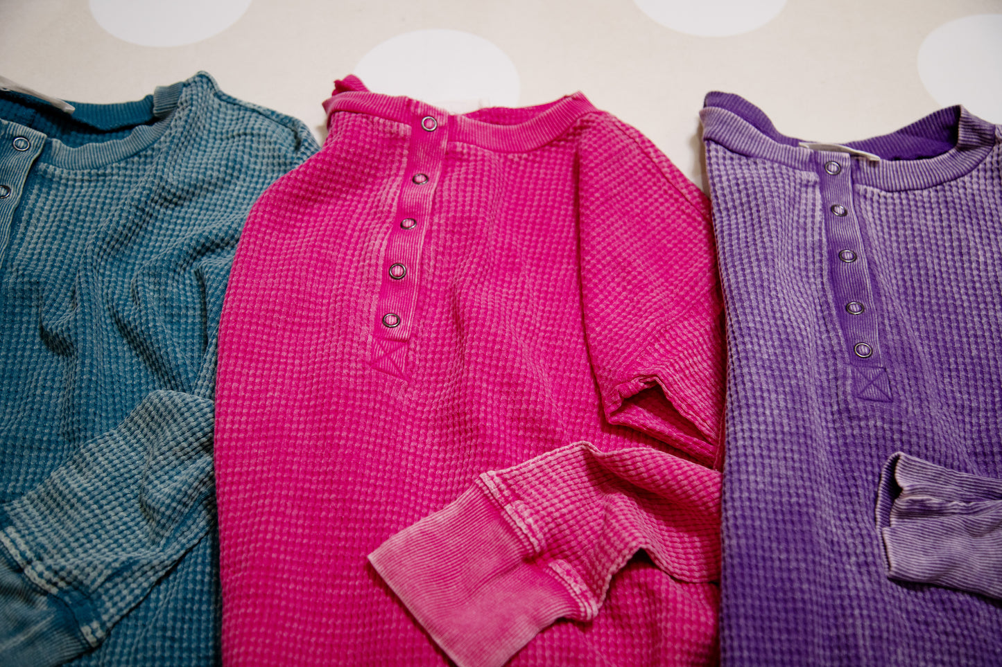 Zenana Washed Baby Waffle Henley Top – Long Sleeve in Mocha, Teal & Hot Pink