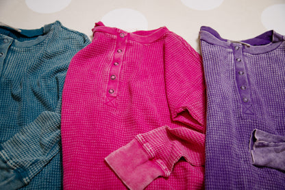 Zenana Washed Baby Waffle Henley Top – Long Sleeve in Mocha, Teal & Hot Pink