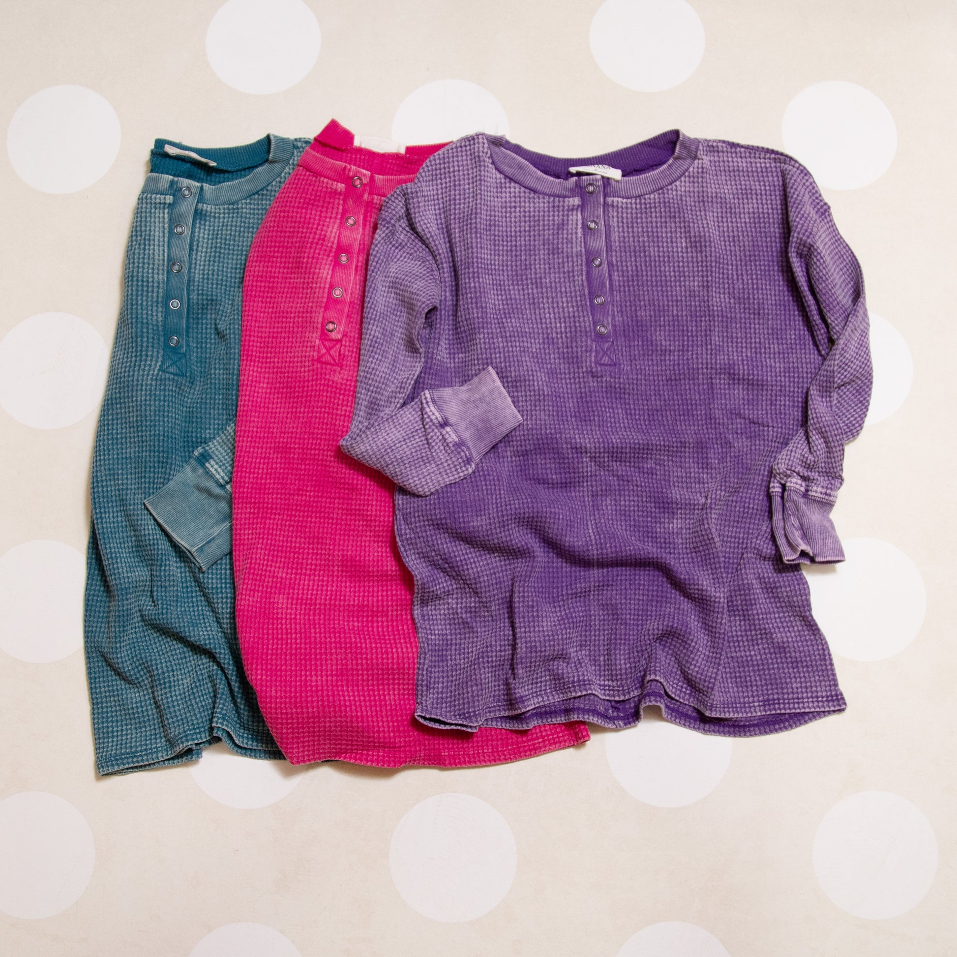 Zenana washed baby waffle Henley top in mocha, teal, and hot pink