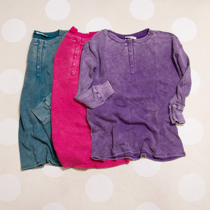 Zenana washed baby waffle Henley top in mocha, teal, and hot pink