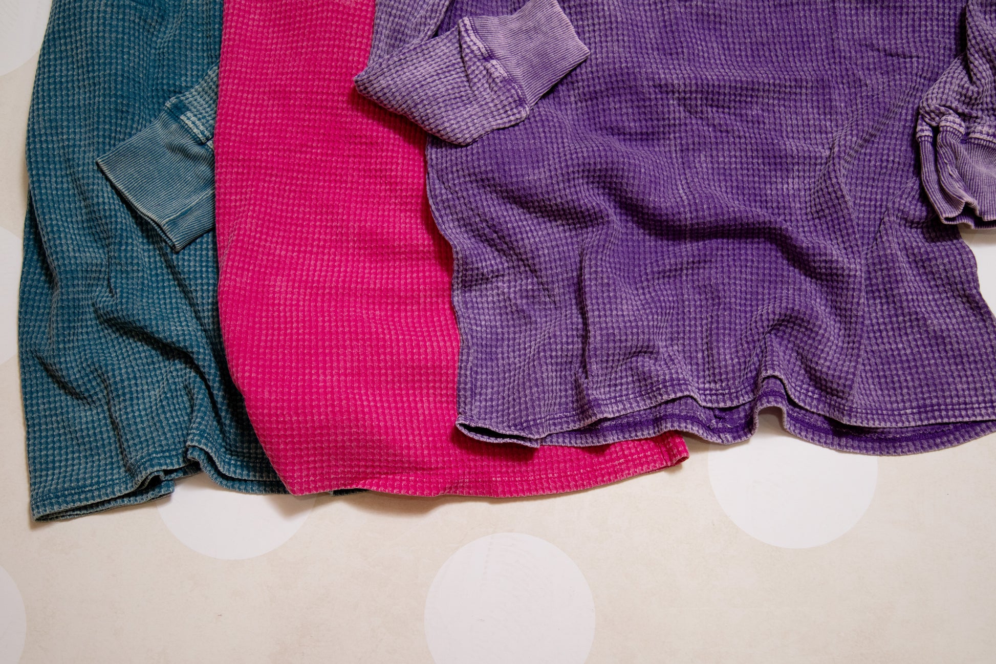 Zenana washed baby waffle Henley top in mocha, teal, and hot pink