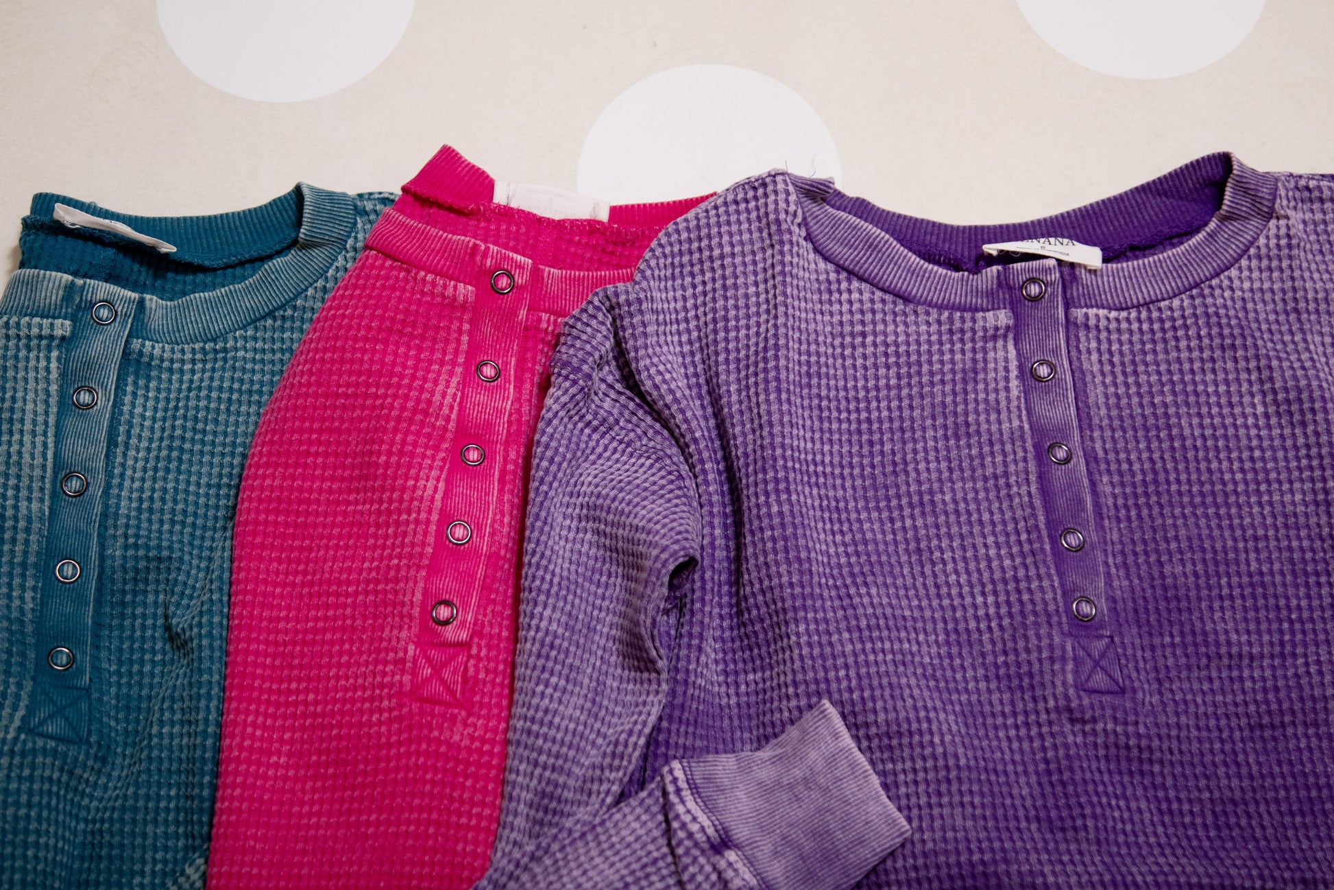 Zenana washed baby waffle Henley top in mocha, teal, and hot pink