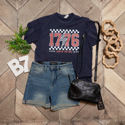 1776 Land Of The Free Graphic Tee – Retro Patriotic Checkered Shirt