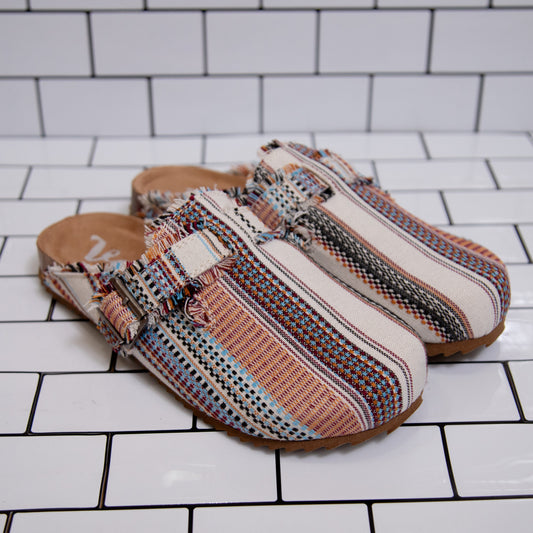 Very G multi-colored striped slip-on mule with buckle