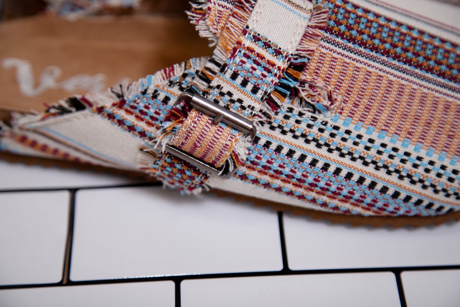 Very G multi-colored striped slip-on mule with buckle