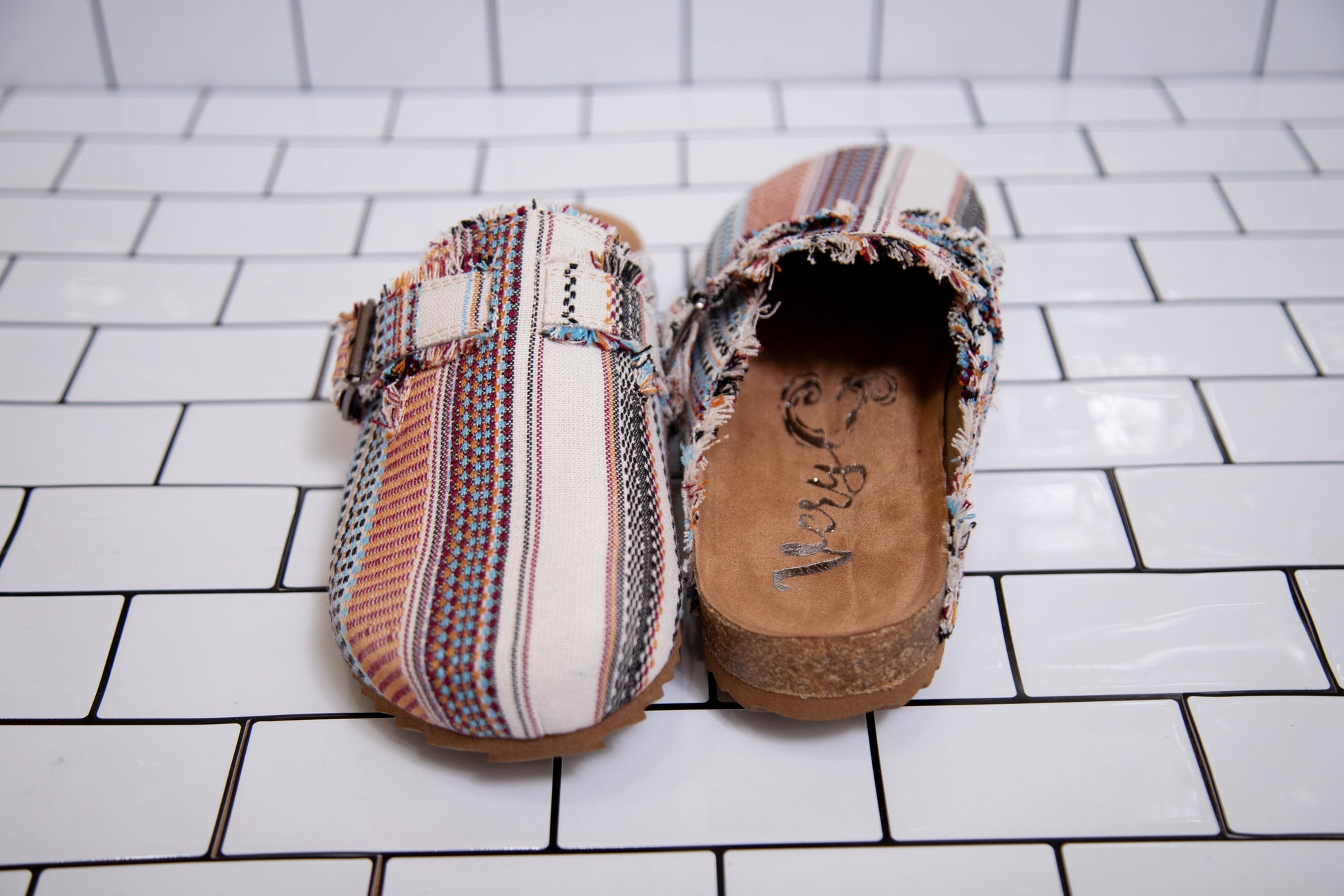 Very G multi-colored striped slip-on mule with buckle