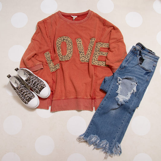 Love Patch Washed Terry Pullover – Relaxed Fit Boutique Sweatshirt