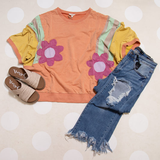 Easel Color Block Flower Patch Pullover – Terry Knit Sweatshirt with Boho Detail