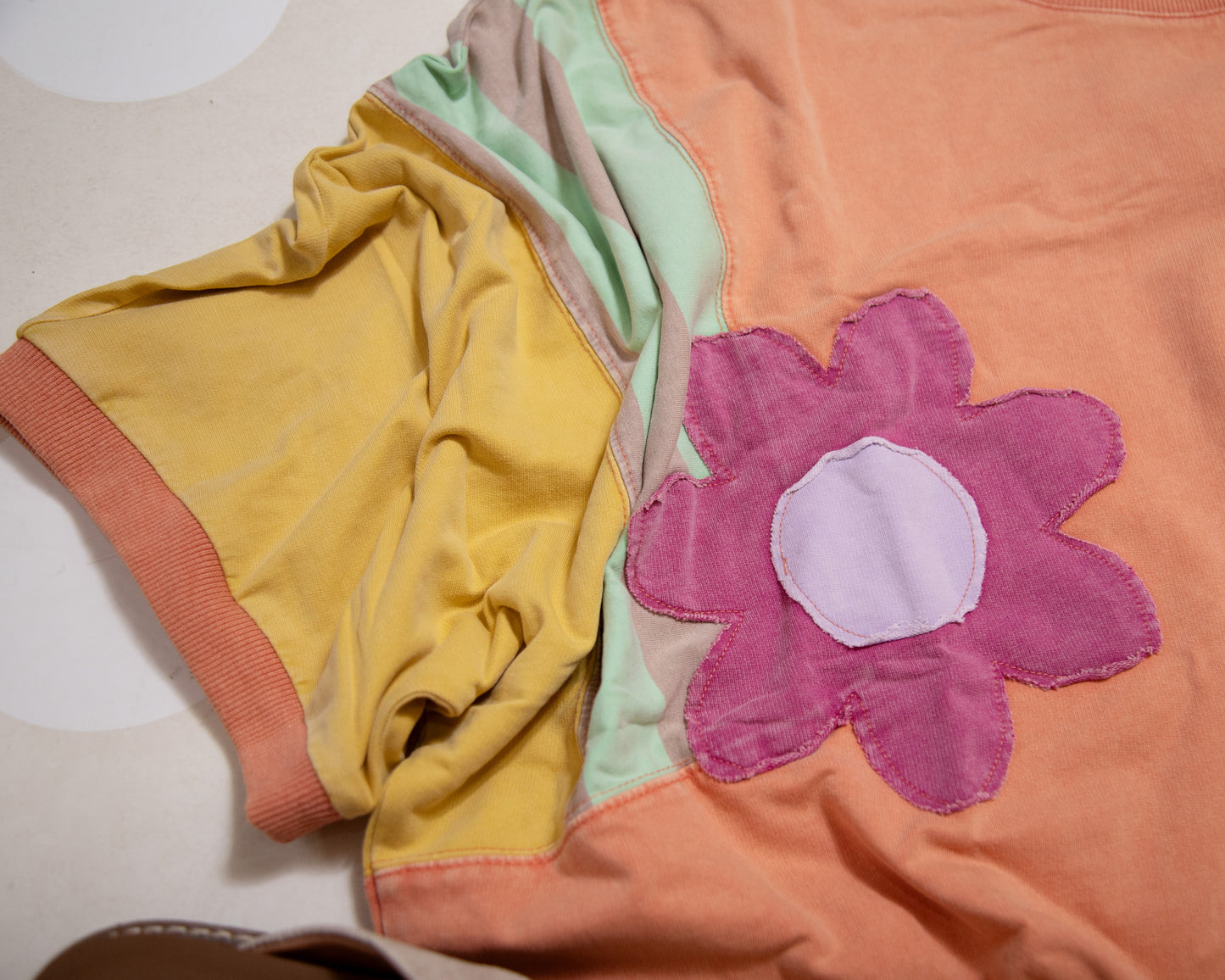 Easel Color Block Flower Patch Pullover – Terry Knit Sweatshirt with Boho Detail