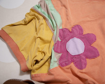 Easel Color Block Flower Patch Pullover – Terry Knit Sweatshirt with Boho Detail