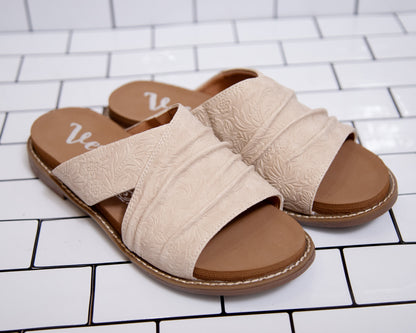 Very G floral embossed neutral slip-on sandals