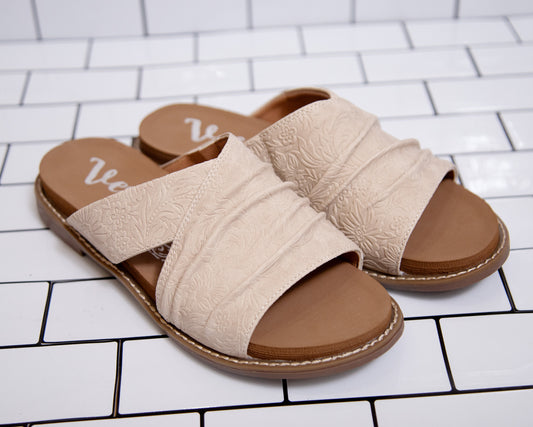 Very G floral embossed neutral slip-on sandals