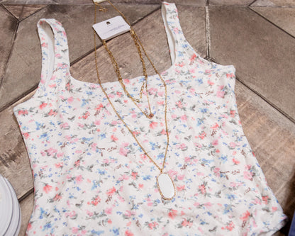 White Floral Textured Bodysuit – Square Neck Sleeveless Fit