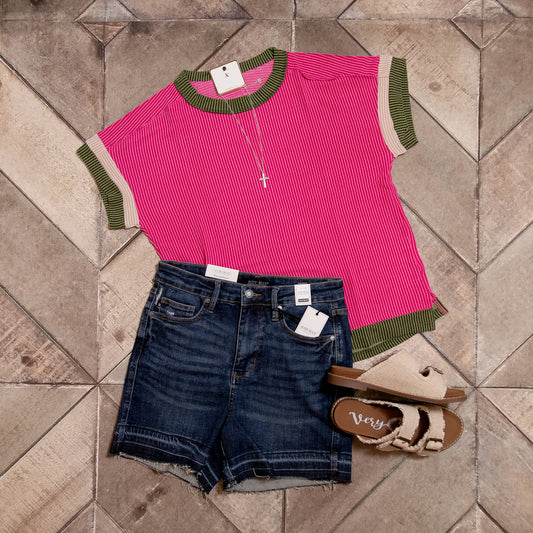 Rose Red Textured T-Shirt – Contrast Trim Round Neck Tee