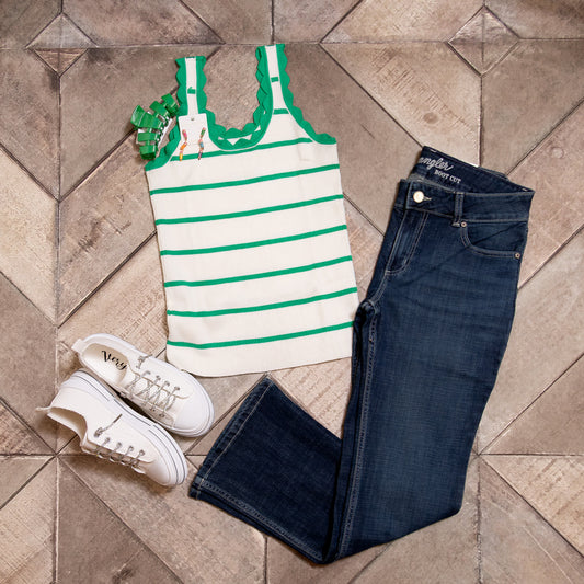 Bright Green Striped Sleeveless Sweater – Scalloped U-Neck Knit Tank