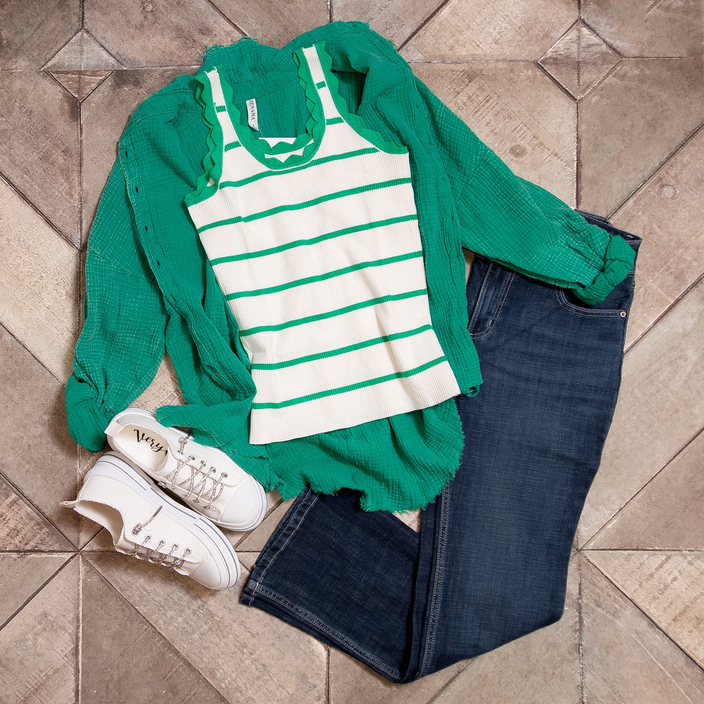 Bright Green Striped Sleeveless Sweater – Scalloped U-Neck Knit Tank