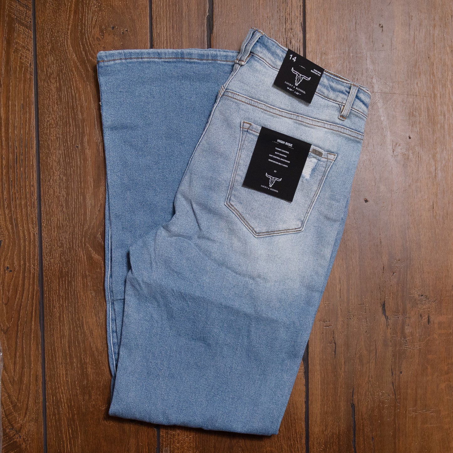 Lucky & Blessed High Rise Distressed Bootcut Jeans – Light Wash, 33.5” Inseam (Plus Size) JE278