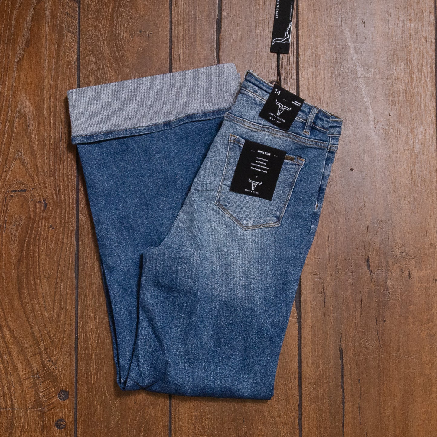 Lucky & Blessed Wide Leg Jeans – Mid Wash, High Rise, Distressed (Plus Size)JE239