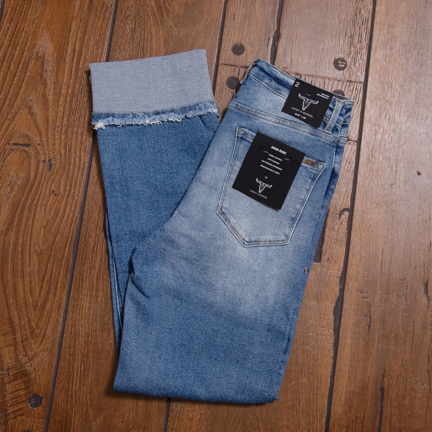 Lucky & Blessed Distressed Boyfriend Jeans – Mid Stone Wash, High Rise, 28” Cuffed Inseam JE314 (Regular & Plus Sizes)